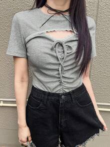 FRIFUL Camiseta de mujer de verano de unicolor con cuello redondo, manga corta, cordón, plisada y con encaje de contraste - Gris - Ver 6