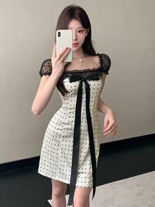 DAZY 春夏法式蕾丝蝴蝶结波点拼接修身连衣裙，甜美性感优雅百搭短款连衣裙，新款女士迷你连衣裙 - 白色 - 查看 4