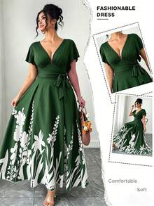 Elenzga Plus Size Women's Dark Green V-Neck Bowknot Waist A-Line Dress,Printed Patchwork Ruffled Hem Summer Elegant Tea Party Dress For Daily,Vacation,Work - Multicolor - View 4