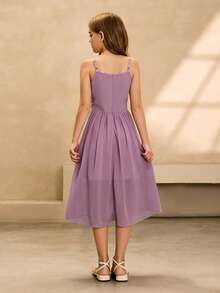 Tween-Mädchen Elegantes luxuriöses rosa Midikleid mit Spaghettiträgern, Off-Shoulder, geeignet für Party, Bankett, Abendveranstaltung, Geburtstag, Aufführung, Hochzeit, Abschlussball, Urlaub und andere Anlässe - Violett - Übersicht 2