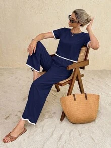 SHEIN Frenchy 女士圆领撞色短袖上衣和阔腿裤休闲两件套 - 藏蓝色 - 查看 5