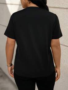 EMERY ROSE Plus Size Solid Color Round Neck Toothpick Decor Pullover T-Shirt - Black - View 2