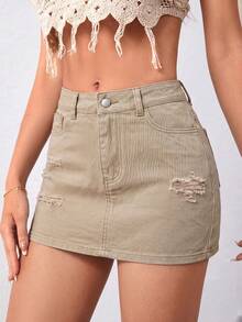 Minifalda de mezclilla lavada y rasgada de verano casual para mujer - Caqui - Ver 2
