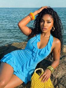 Slaydiva Summer Sexy Deep V Neck Halter Ruffle Trim Ruched Asymmetrical Hem Mini Dress - Blue - View 4