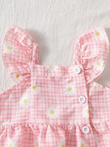 SHEIN Đầm hè cho bé gái sơ sinh, họa tiết kẻ caro hồng in hoa cúc, tay ngắn, dáng xòe công chúa, kiểu dáng ngọt ngào, hoàn hảo cho những buổi đi chơi và chụp ảnh. - Hồng - Xem 5