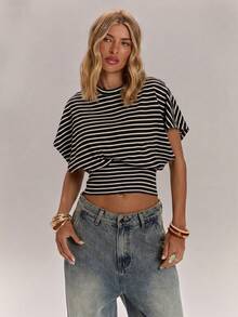 SHEIN BAE Brown Contrast Stripe Casual Top, Suitable For Commuting And Vintage Style, Spring/Summer - Black - View 4
