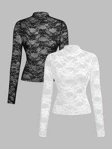 Girlism Kids 2pcs Teen Girls Black Lace Mesh Overlay Elegant Fitted T-Shirt Set,Autumn Vintage Crochet Coverup Rave Party Summer Outfit Praia Vestir Kids - Black and White - View 1