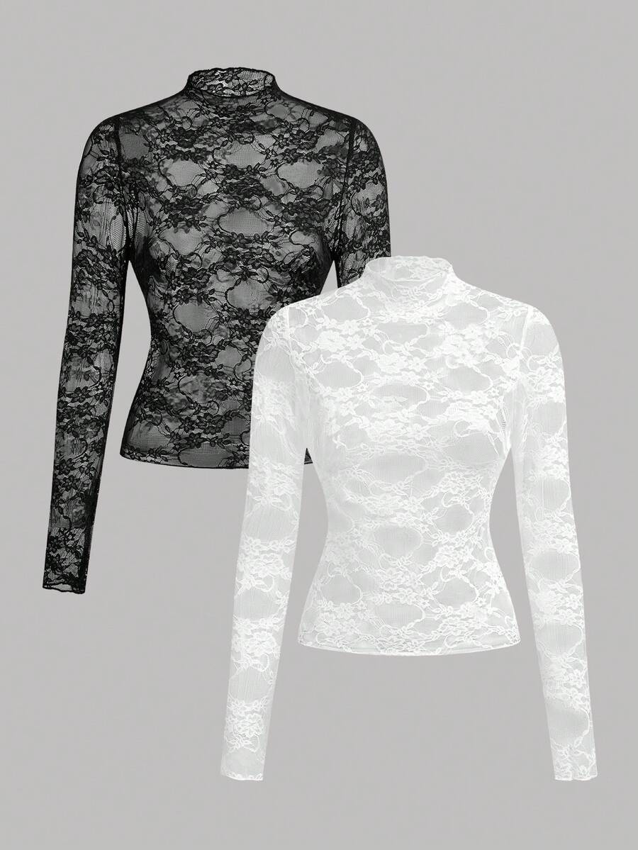 Girlism Kids 2pcs Teen Girls Black Lace Mesh Overlay Elegant Fitted T-Shirt Set,Autumn Vintage Crochet Coverup Rave Party Summer Outfit Praia Vestir Kids - Black and White - View 1