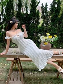 Modelyn Đầm ren trắng trễ vai, viền jacquard, ôm eo, kiểu Pháp thanh lịch, thích hợp cho kỳ nghỉ/dạ hội dành cho nữ, dài ngang gối. - trắng - Xem 4