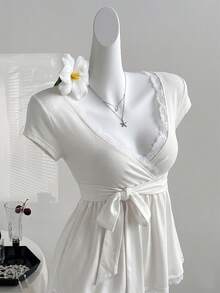 Sweetra Y2K Lace Trim Vacation Sweet Slim Fit T-Shirt - White - View 6