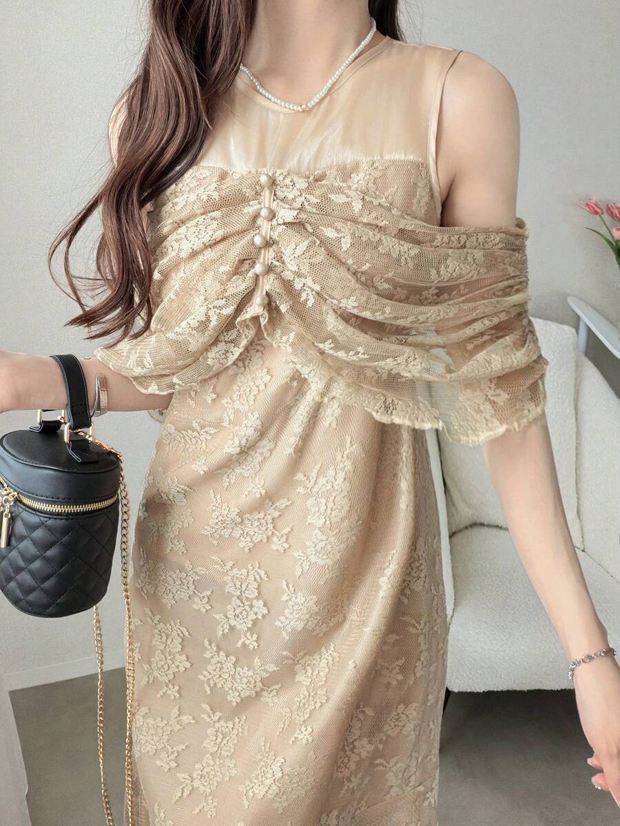 FRIFUL Vestido de verano de mujer de unicolor con cintura de encaje transparente y falda acampanada - Caqui - Ver 1