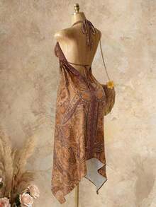 Mistrie Women's Brown Boho Summer Holiday Vacation Holiday,Vintage Paisley Print Halter V-Neck Cinched Waist Irregular Hem Chiffon Loose Beach Dress - Brown - View 4