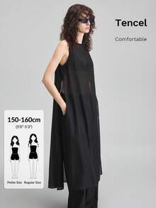 Ontre Petite 2026新款女士夏季宽松纯黑色长款吊带背心，带开衩和纽扣，适合教师和夜店穿着 - 黑色 - 查看 7
