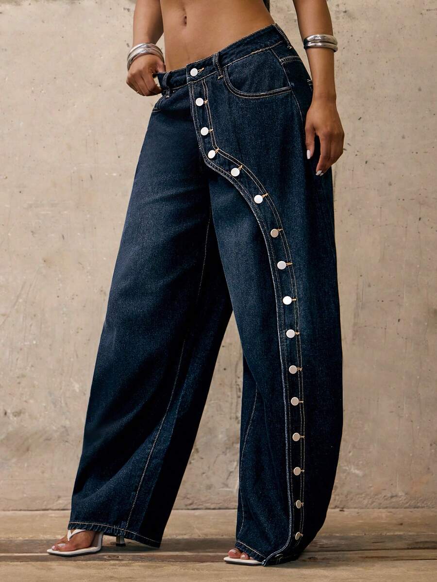 Denimoi Button Detail Wide Leg Barrel Jeans Fashionable Streetwear Statement Jeans Boyfriend Jeans - Dark Wash - View 1