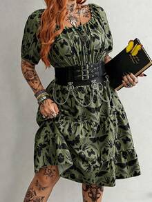 Whyspr Y2K Gothic Butterfly & Skull Print Plus Size Waist Cinched A-Line Ruffle Hem Short Sleeve Dress - Army Green - View 4