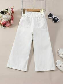 SHEIN Elladie kids Jeans casuales bohemios de piernas anchas con cintura plana y bolsillos para niña, para uso diario - Blanco - Ver 2