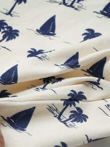 Cozy Pixies Baby Boy Solid Color Soft Knit Crew Neck Short Sleeve Top And Coconut Tree Pattern Bib Shorts 2-Piece Set - Blue - View 5