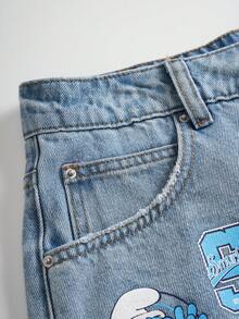 SHEIN X The Smurfs Quần short denim nữ kiểu dáng thường ngày, chất liệu denim bạc màu, họa tiết hoạt hình, gấu quần rách, thích hợp cho mùa hè. - Màu xanh lam - Xem 3