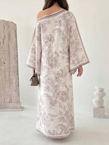 Yasveil 女士春夏提花数码印花长袖不对称领A字优雅浪漫土耳其长裙及阿拉伯传统罩袍 - 彩色 - 查看 3