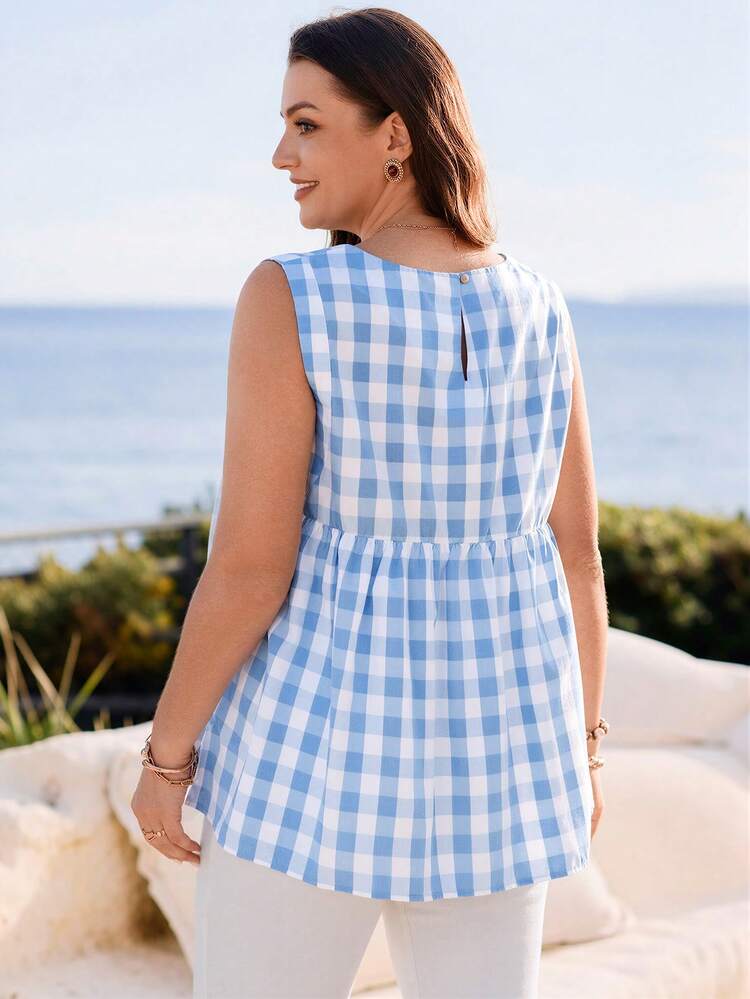 Plus Size Women Casual Plaid Print Sleeveless Top