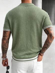 Manfinity Homme Men's Contrast Color Half-Zip Knit Short Sleeve Sweater, Summer Mesh Contrast Color Casual Polo Knit Shirt - Green - View 2
