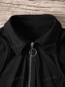 Selamara Camiseta de tirantes de verano para mujer con media tapeta con cremallera y cuello vuelto - Negro - Ver 5