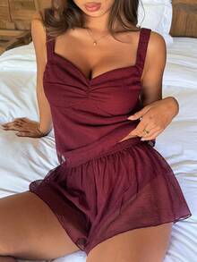 Livesso 女士性感纹理半透明褶皱胸部设计吊带背心和超短裤睡衣套装，夏季 - 紅色 - 查看 4