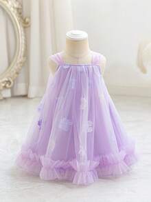 Elladie kids Đầm công chúa chữ A màu tím cho bé gái, mềm mại và duyên dáng, họa tiết hoa, thích hợp cho tiệc vườn, kỳ nghỉ hè, trang phục dự tiệc và đám cưới, bé gái phù dâu, phong cách Âu Mỹ. - Màu tím - Xem 4