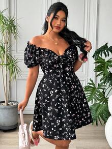 SHEIN EZwear 大码夏季休闲碎花露肩荷叶边连衣裙 - 彩色 - 查看 7