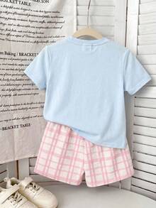 Cremeweiß & Frischgrün kariert, Inselresort Strandseiten Eiszitronen-Tee Muster, Baby Mädchen Casual Minimalist Rundhals Kurzarm T-Shirt und Shorts 2-teiliges Set, geeignet für Frühling/Sommer Alltagstragen, Street-Style, Urlaub, Farm, Resort - Verschiedenfarbig - Übersicht 6