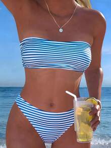 Swim Mod Set de 2 piezas Conjunto de playa para mujer, moda lindo y sexy para vacaciones, fiesta en la piscina o en la playa, con estampado floral/de rayas aleatorio, top bandeau con tirantes desmontables y Bottom de bikini, primavera/verano - Multicolor - Ver 3