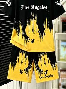 青少年男童数码渐变图案字母标语短袖T恤短裤套装，休闲舒适春夏装，适合户外、运动、野餐、街头摄影、度假等场合，亦可作为礼物。 - 彩色 - 查看 7