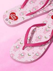 SHEIN X Care Bears 女款可愛卡通夾腳拖鞋 夏季穿著 卡通彩虹印花 防滑 度假沙灘涼鞋 - 淺粉色 - 查看 5