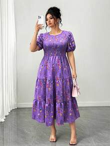 Elenzga Plus Size Women's Short Sleeve Elegant Floral Print Elastic Waist Layered A-Line Dress, Suitable For Spring And Summer - Purple - View 3