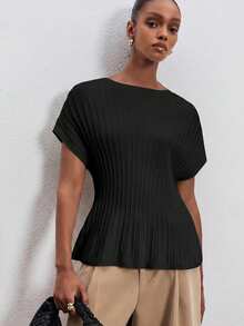 ATUI Studio Women's Summer Fashionable Solid Color Waist Fitted Knit Top - Black - View 5