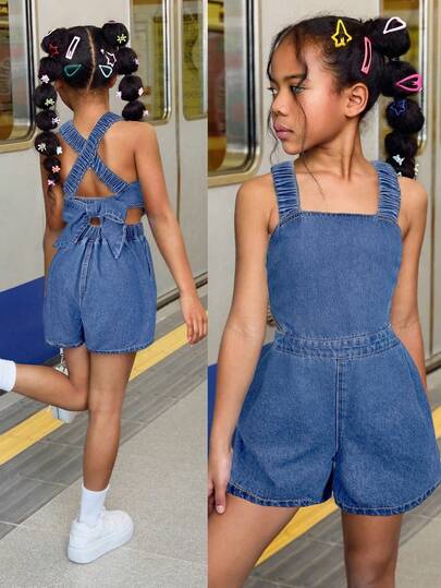 SHEIN Tween Girl Summer Beach Boho Cool & Street-Style Stonewashed Jumpsuit With Cross Back Straps And Open Back, Tween Girl Summer Beach Boho Holiday Clothes Back To School Streetwear Outfits,Girls Concert Rave Causal Outfits