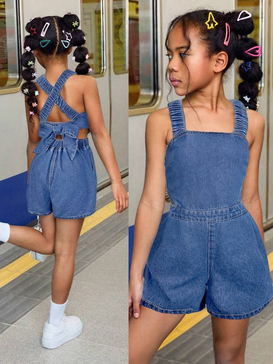 SHEIN Bộ jumpsuit phong cách boho cá tính, đường phố cho bé gái tuổi teen, kiểu dáng wash đá, dây đeo chéo sau lưng và hở lưng, thích hợp cho kỳ nghỉ hè, đi biển, đi học, hoặc các hoạt động thường ngày như đi concert, rave. - Rửa trung bình - Xem 1