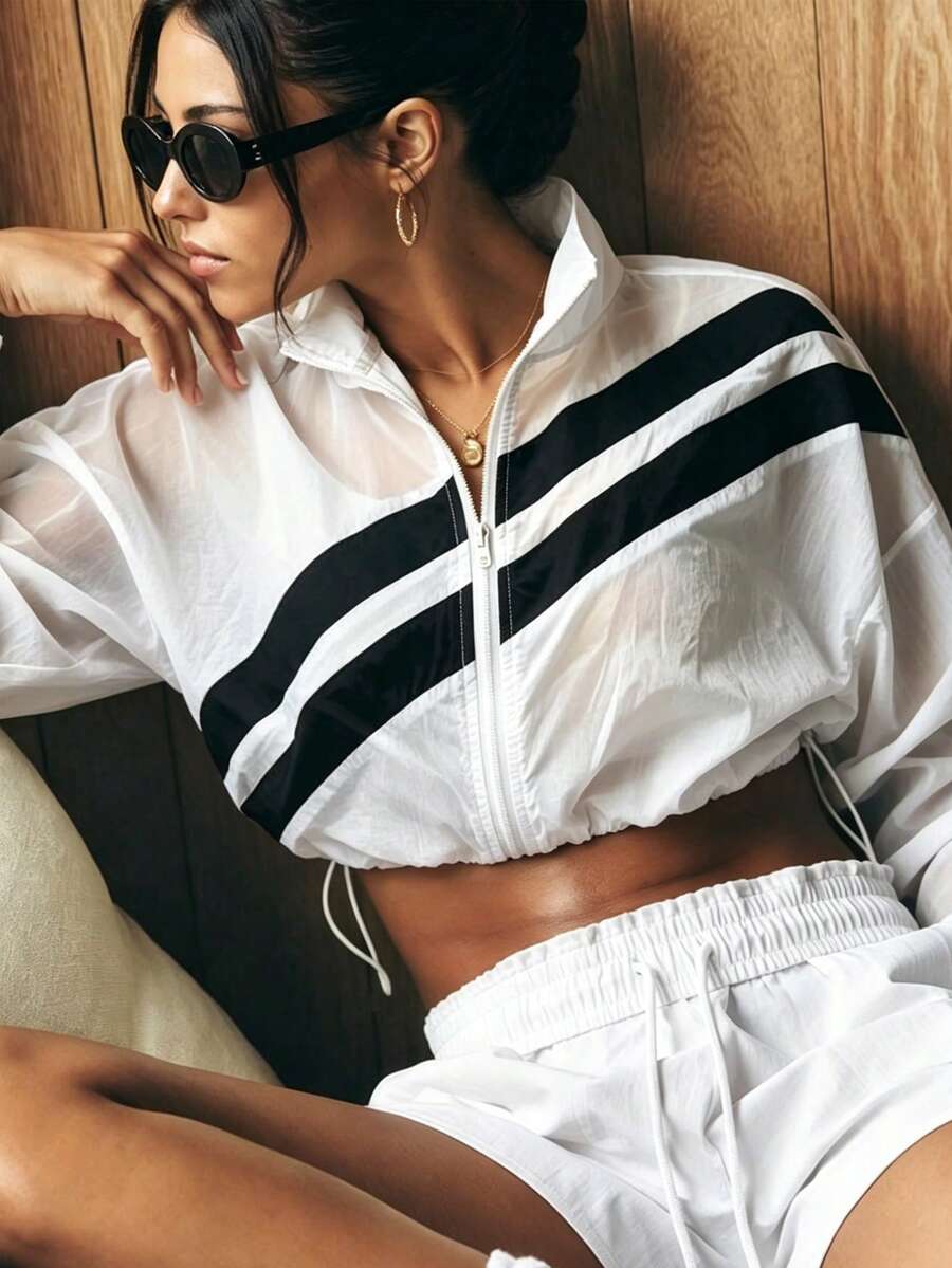 SHEIN Sports 女士春夏运动防晒外套,半透明立领全拉链设计,撞色条纹长袖,可调节抽绳下摆,适合日常休闲、跑步、瑜伽、健身、网球、高尔夫等运动。 - 彩色 - 查看 1