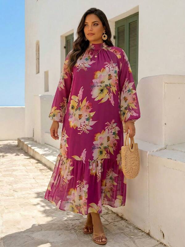 ELLERISSA Plus Size Multicolor Floral High Neck Blouson Sleeve Dropped Waist Midi Dress