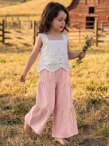 Emery Rose Kids Emery Rose Kids 2件套少女纯色梭织方领荷叶边休闲吊带背心和长裤套装 - 粉色 - 查看 4