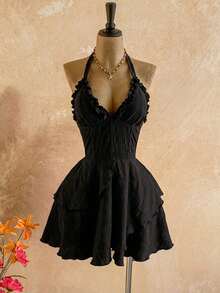 Soleia Elegant Black Summer Boho Holiday Vacation Holiday,Textured Backless Ruffle Hem Dress For Beach Wedding Guest Attire,Graduation,Music Festival,Spring - Black - View 7