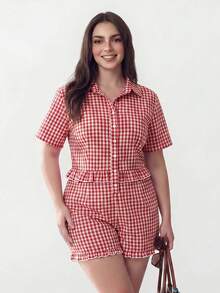 Solavibe Plus Size Women Plaid Short Sleeve Ruffle Hem Shirt Romper Vacation Summer 1950s Vintage - Red - View 5