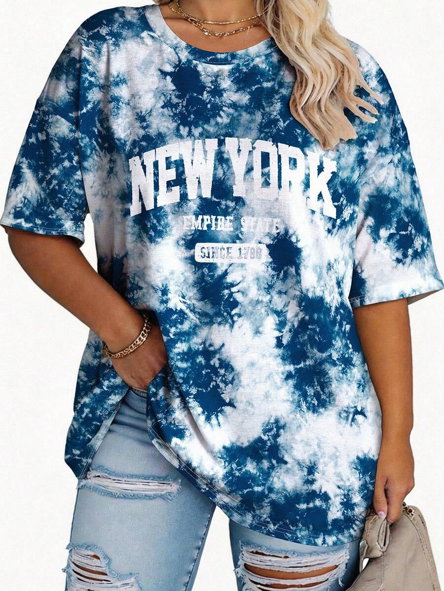 EMERY ROSE Áo thun nữ cỡ lớn, kiểu dáng thường ngày, in chữ New York và họa tiết nhuộm tie-dye, tay ngắn, cổ tròn, dáng rộng, dài đến đầu gối. - Nhiều màu - Xem 1