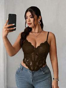 Viva Relle Große Größen Sexy Alltagsunterwäsche Bügel-BH Fischgräten Spitze Mesh Patchwork Schleife Trägerhemd - Kaffeebraun - Übersicht 3