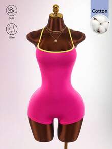 Amplova Bộ jumpsuit gợi cảm không tay, lưng chéo, eo cực thấp và cổ khoét sâu, chất liệu cotton pha, thích hợp cho kỳ nghỉ. - Màu Hồng Tươi - Xem 9