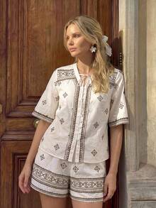 SHEIN Unity 2件套 女士新款春夏短袖衬衫上衣和短裤套装 - 彩色 - 查看 1