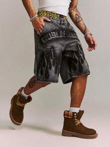 CRAVYNX Casual Loose Distressed Flame Print Rhinestone Embellished Shorts, American Style - Grey - View 5