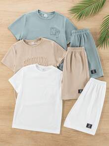SHEIN 6件套青少年男童舒适休闲风压花圆领短袖T恤上衣搭配装饰短裤两件套高性价比套装，适合外出、街拍、聚会和休闲活动。 - 彩色 - 查看 8