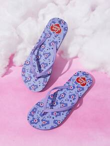 SHEIN X Care Bears 女款可愛卡通夾腳拖鞋 夏季卡通彩虹印花防滑度假沙灘涼鞋 - 淺紫色 - 查看 2