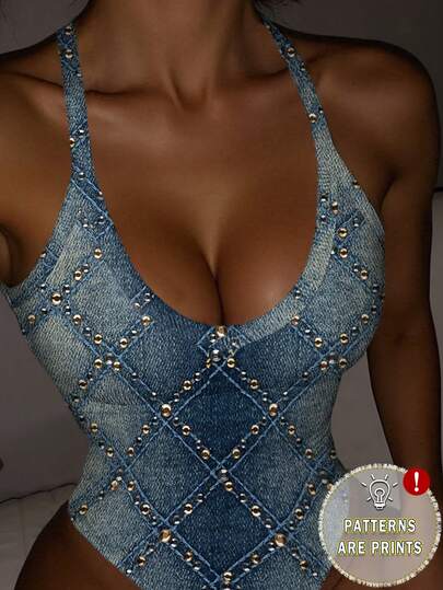 Rovax Plus Size Women's Sexy Rhinestone Embellished Slim Fit Spaghetti Strap Bodysuit, Summer